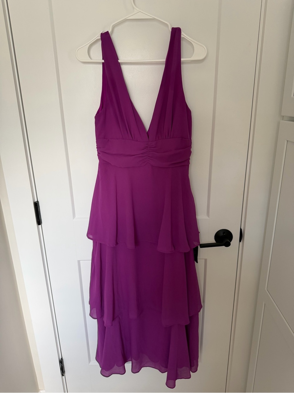 Lulu's Deep Magenta Tiered V-Neck Chiffon Midi Dress